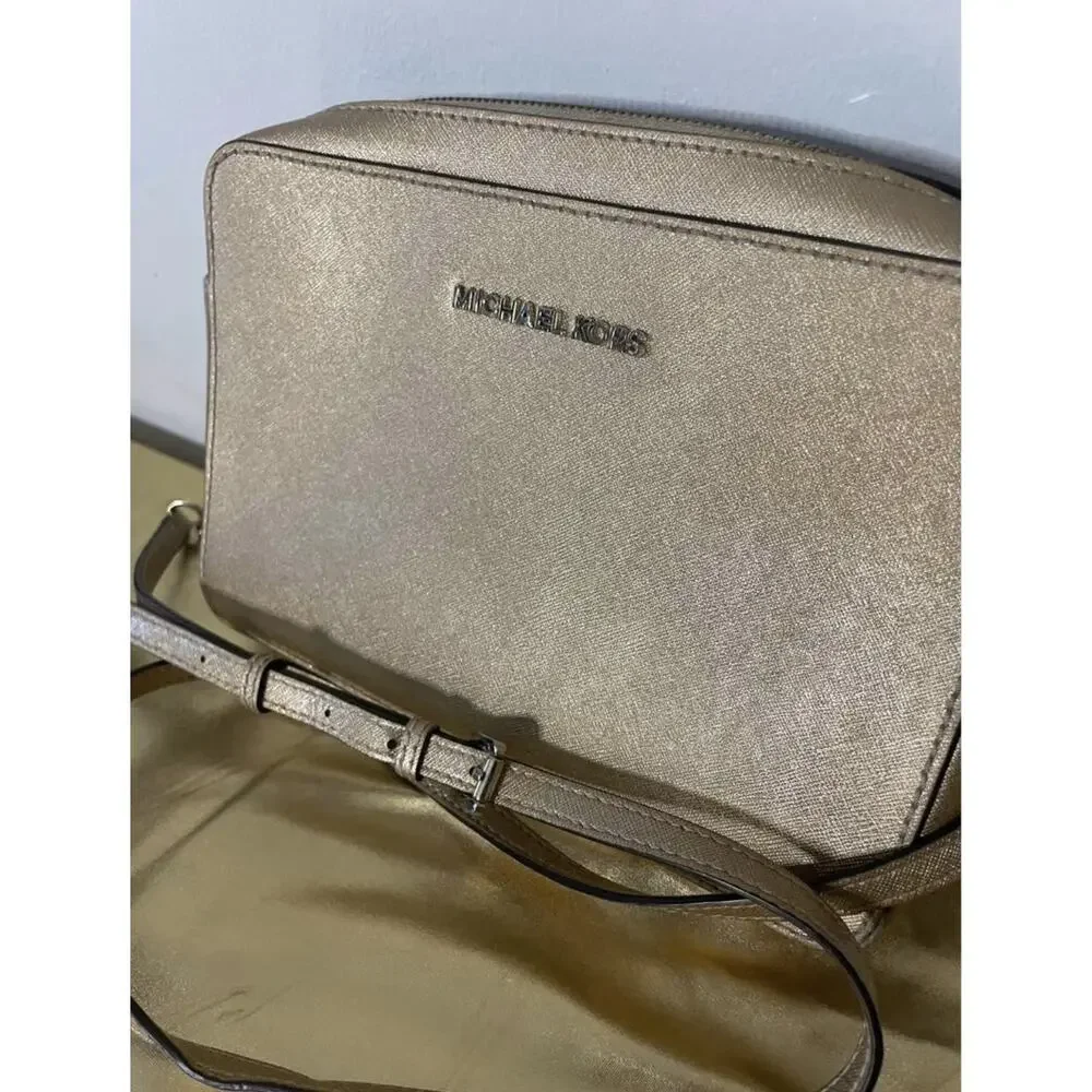 Michael Kors Jet Set Metallic Pale Gold Crossbody Bag MK Logo